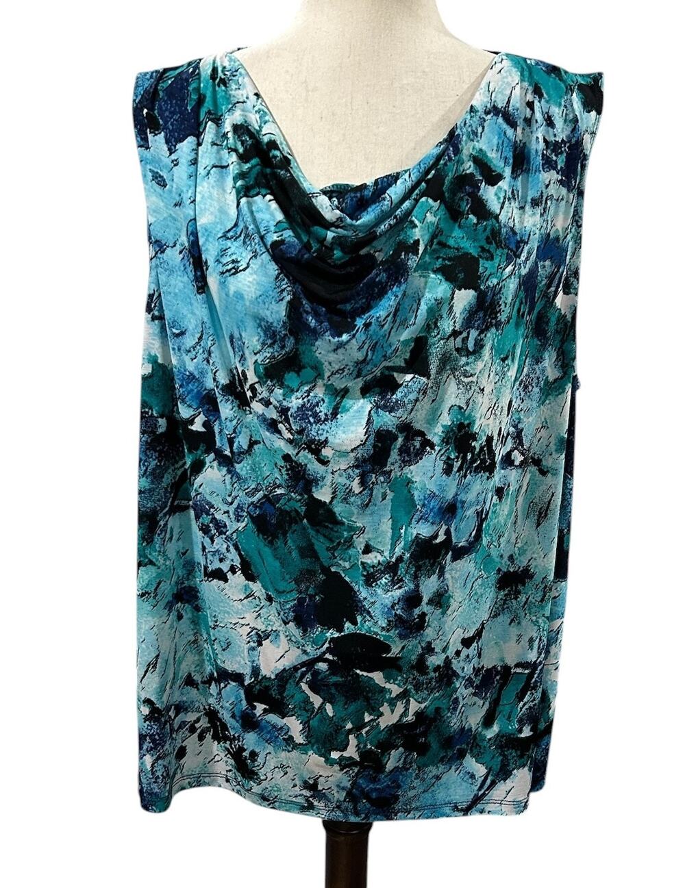 CJ Banks Sleeveless Cowl Neck Top Blue White and Black Abstract Plus Size 2X EUC